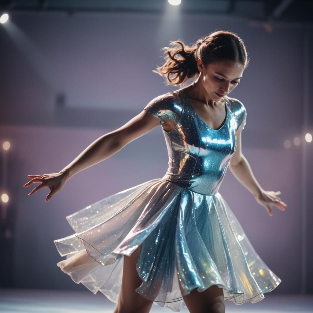 Figure Skater in Holographic Dress: Cinematic Film Still