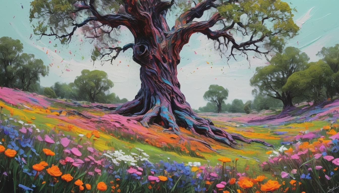 Calligraphic Landscape with Wildflowers in Impressionist Sty...