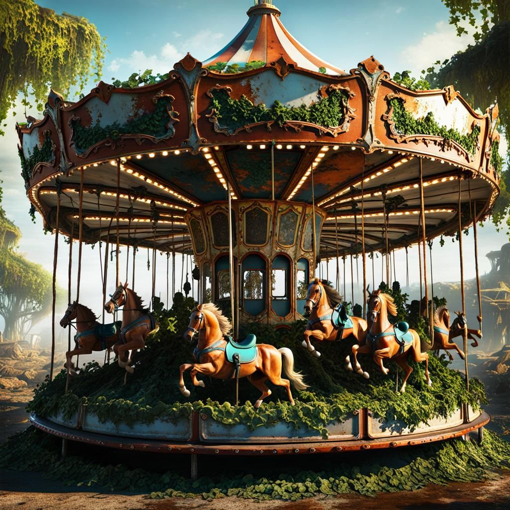 Post-Apocalyptic Carousel in Abandoned Fun Fair
