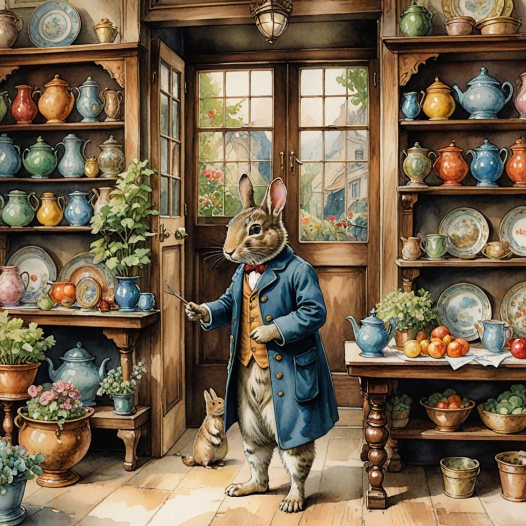 Whimsical Bunny Shop in Beatrix Potter Style Watercolor