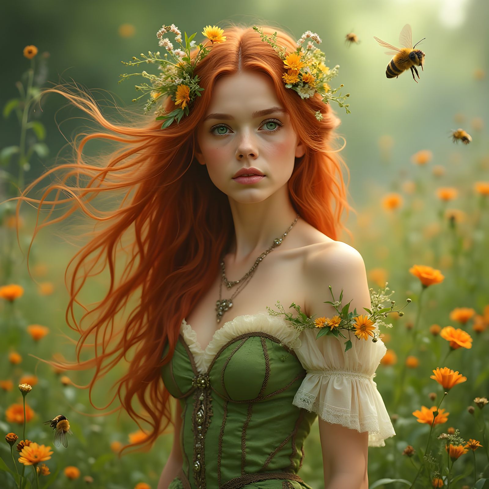 Elven Woman in Meadow: Pre-Raphaelite Style