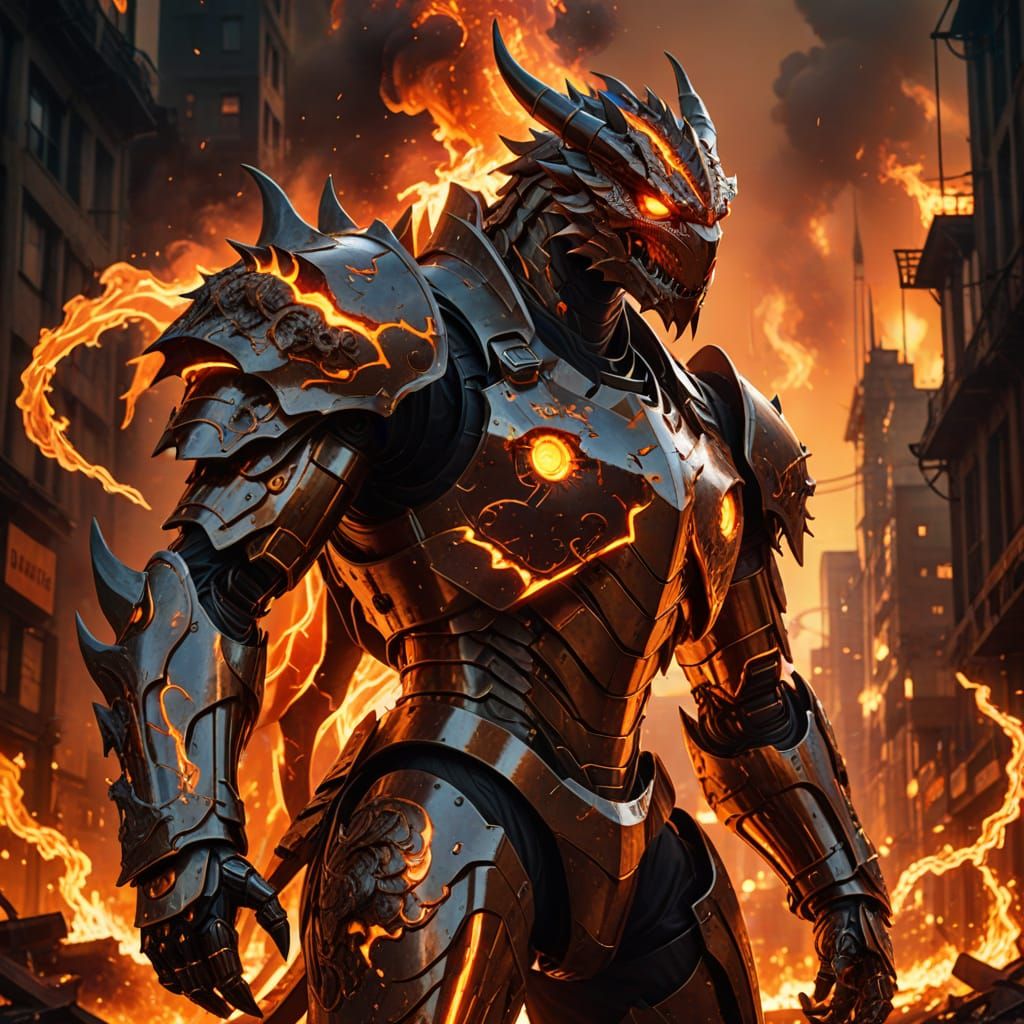 Cyberpunk Dragon Mech Knight Ignites Inferno