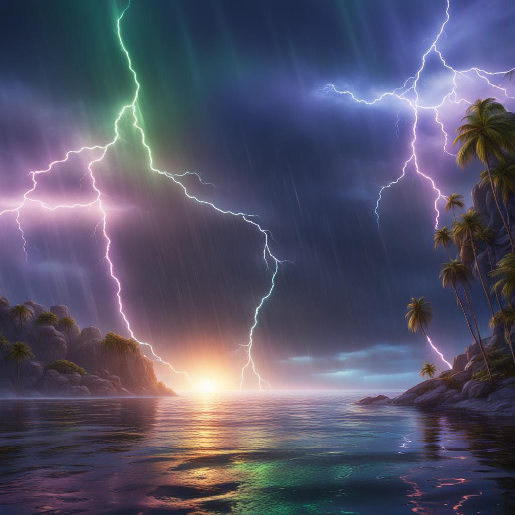 Rainbow Lightning Over Shimmering Ocean Reflection