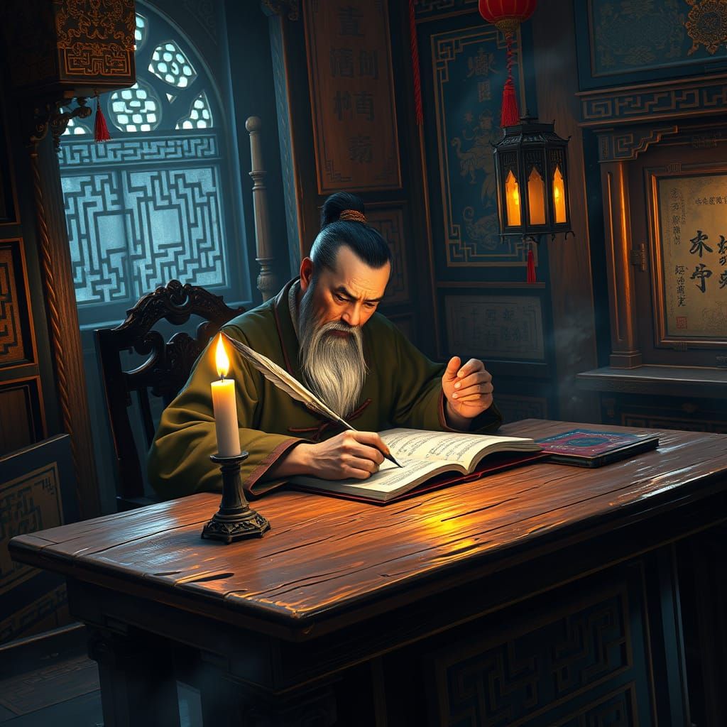 Ancient Chinese Scholar Illuminated by Candlelight