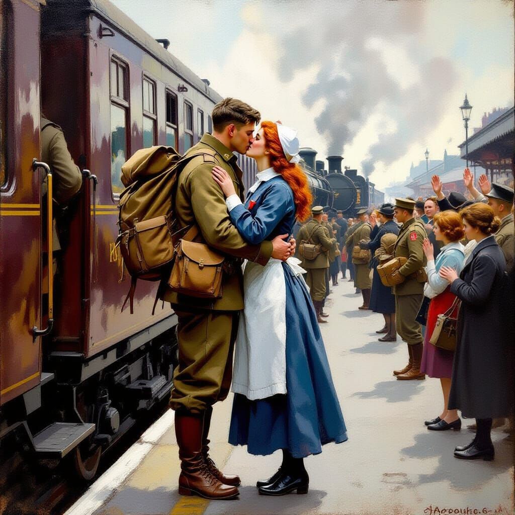 Bittersweet Farewell: WWI Soldier and Nurse in Impressionist...