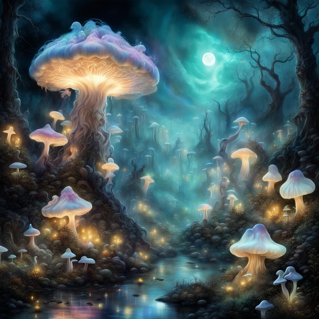 Glowing Wispy Fairy Village with Bioluminescent Moon