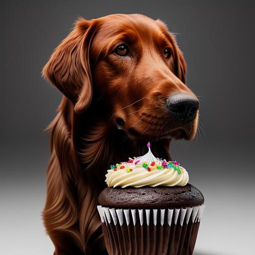 Hyperrealistic Irish Setter Enjoys a Cupcake