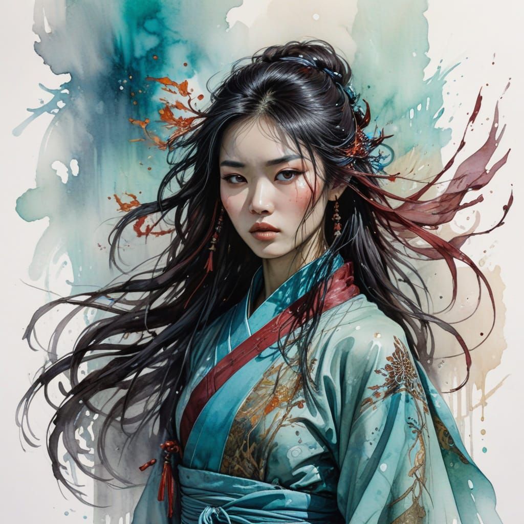 Fantasy Sorceress in Inked Watercolor Style