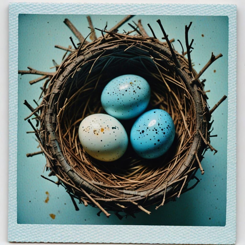 Blue Speckled Egg in Nest, Polaroid Photo