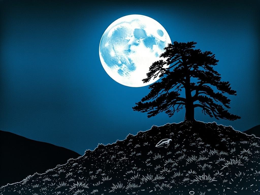Lonely Tree Under Blue Moon: Black Ink Pop Art