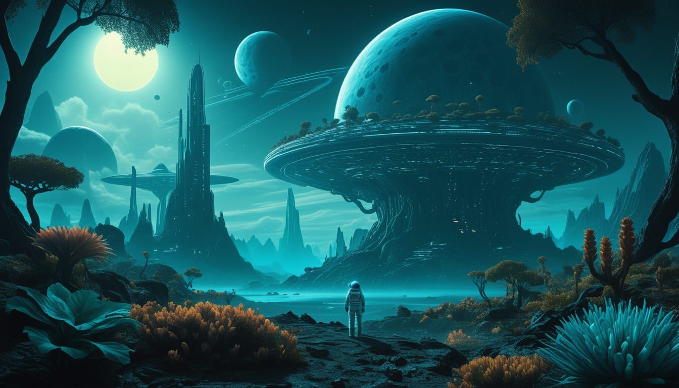 Astronaut Discovers Alien City with Bioluminescent Flora