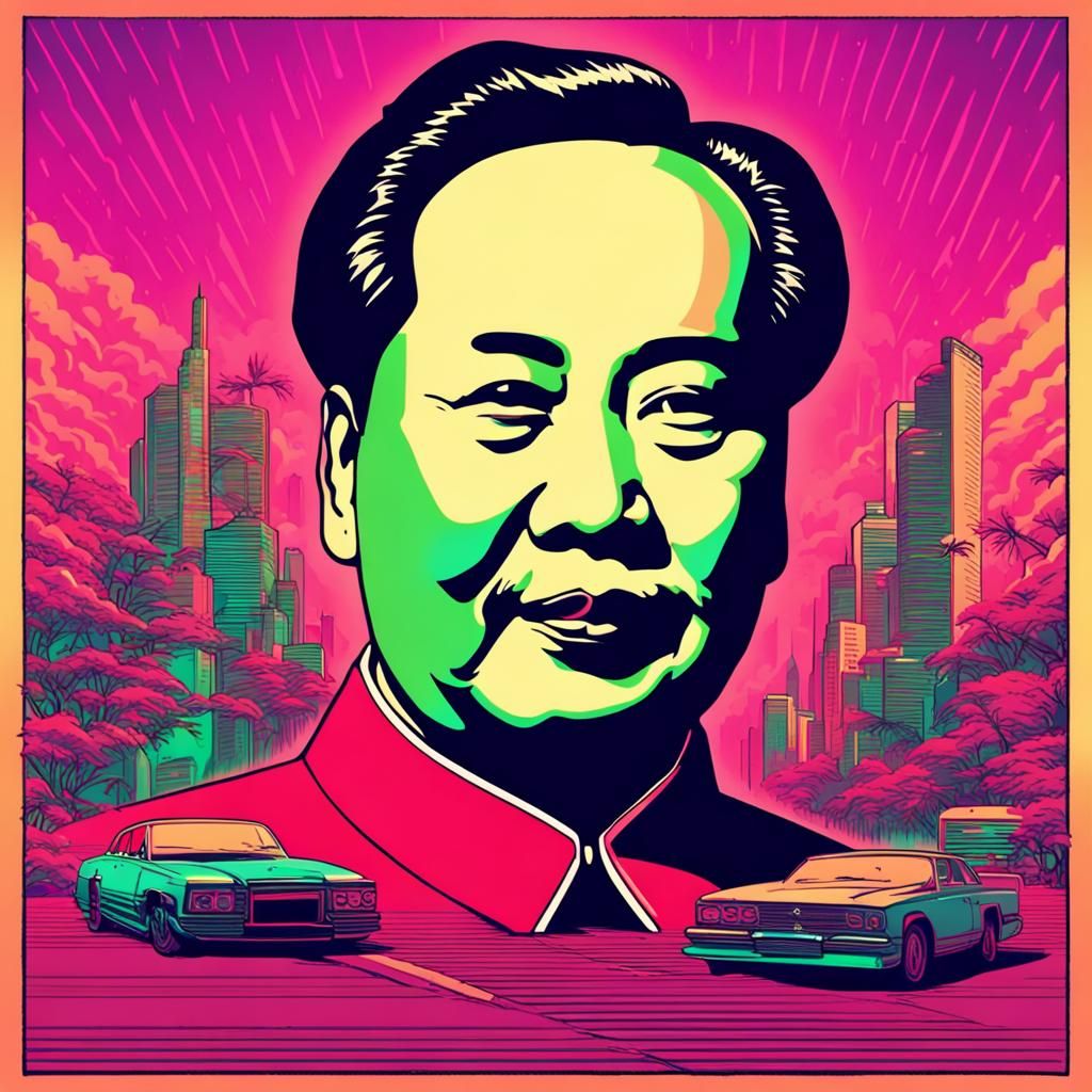 Mao Zedong Dancing in Synthwave Neon Style