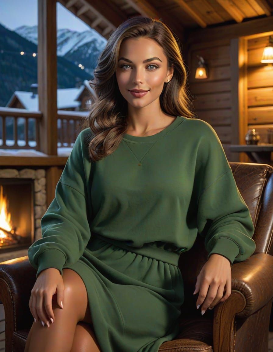 Woman in Oversized Sweatshirt in Rustic Chalet