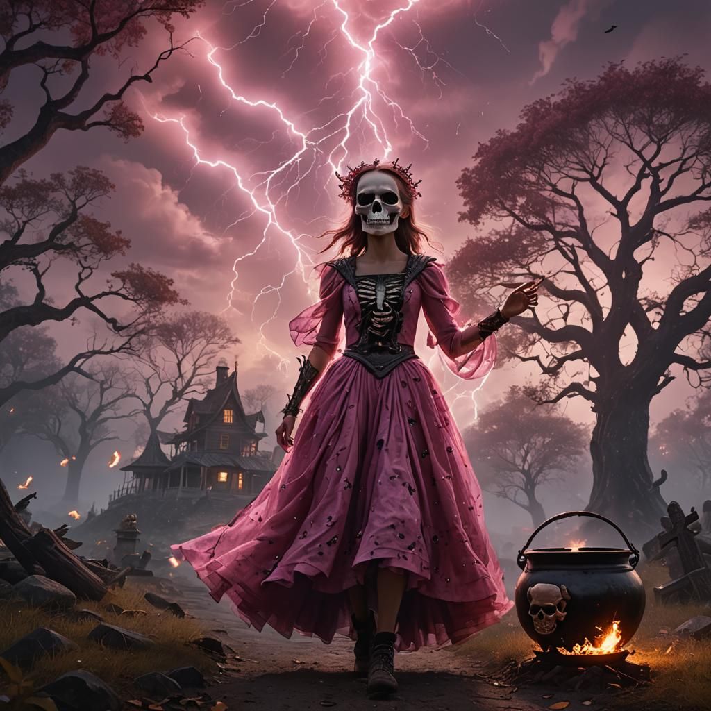 Fantastical Autumn Scene with Girl and Fireflies