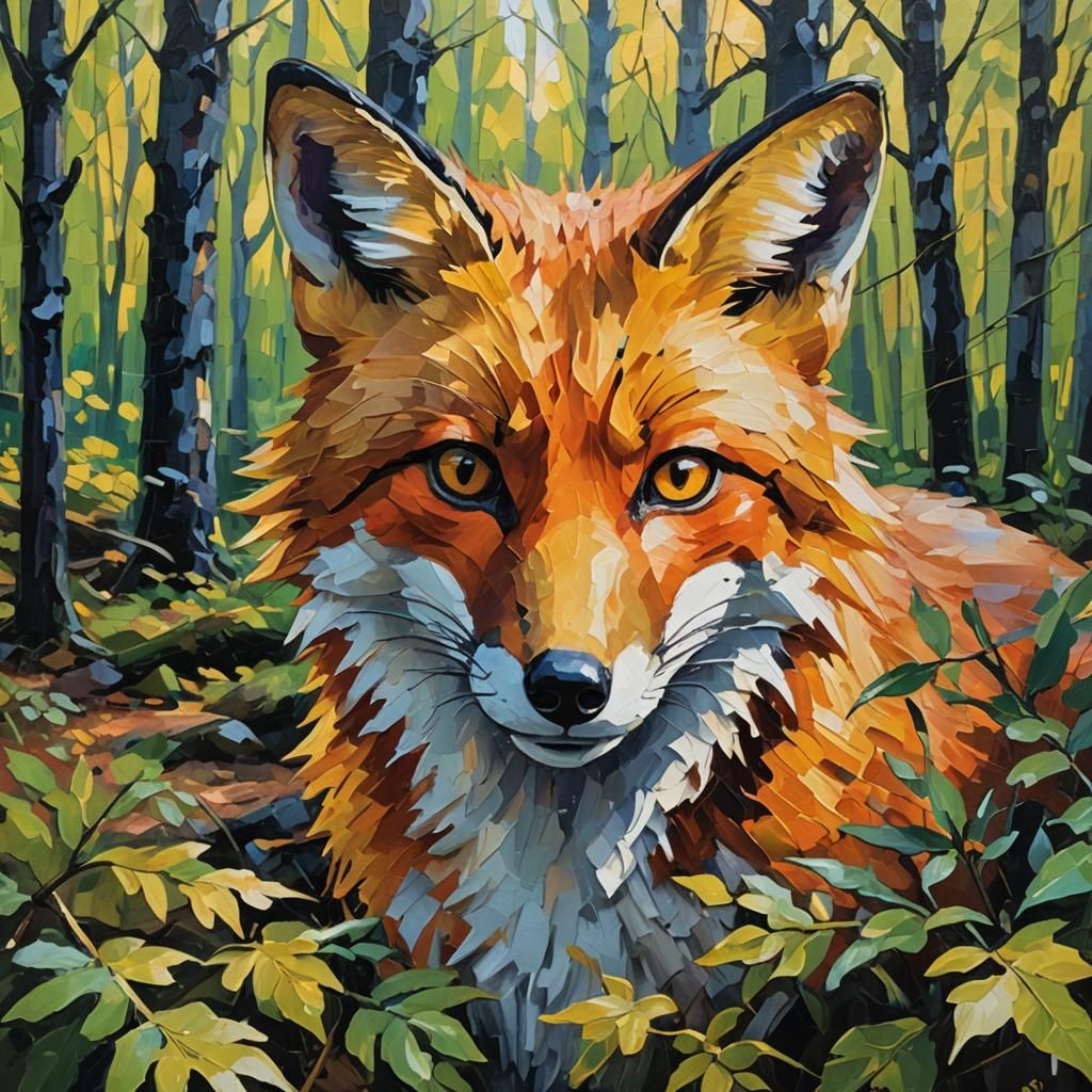 Fauvist Oil Painting: Fox Face in Forest