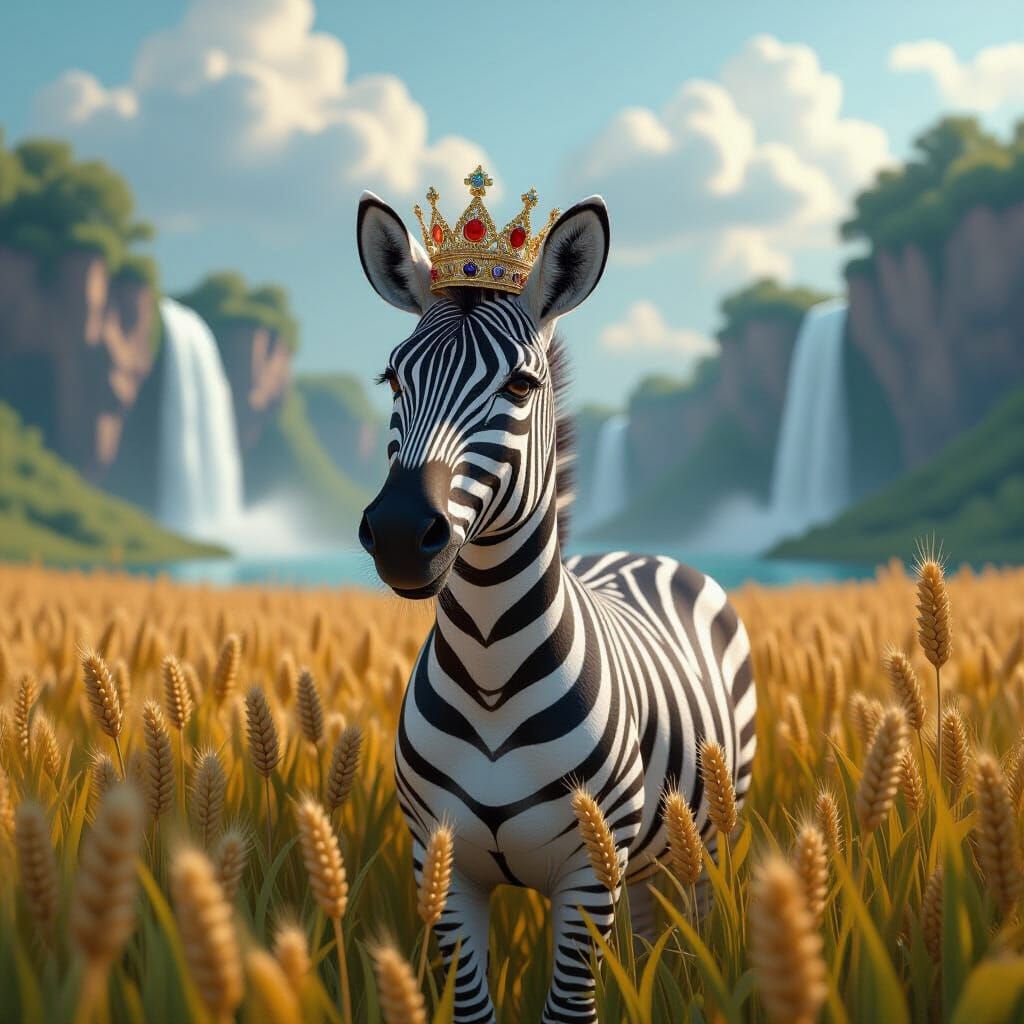 Zebra with Crown in Grain Field: Cubist Matte Painting