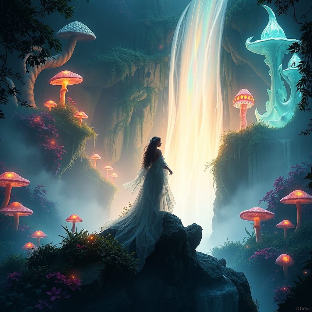 Mystical Sorceress Amidst Iridescent Waterfall and Lush Foli...