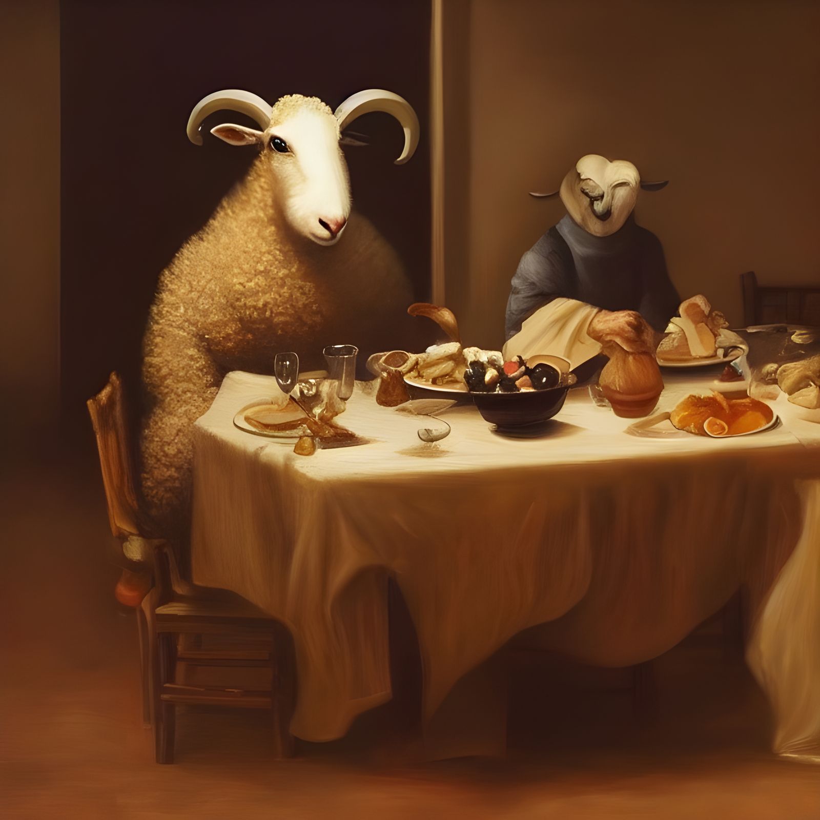 Anthropomorphic Sheep at Dinner, Oil Painting