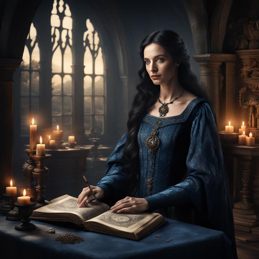 Elegant Woman Reads Spell Book: Fantasy Art