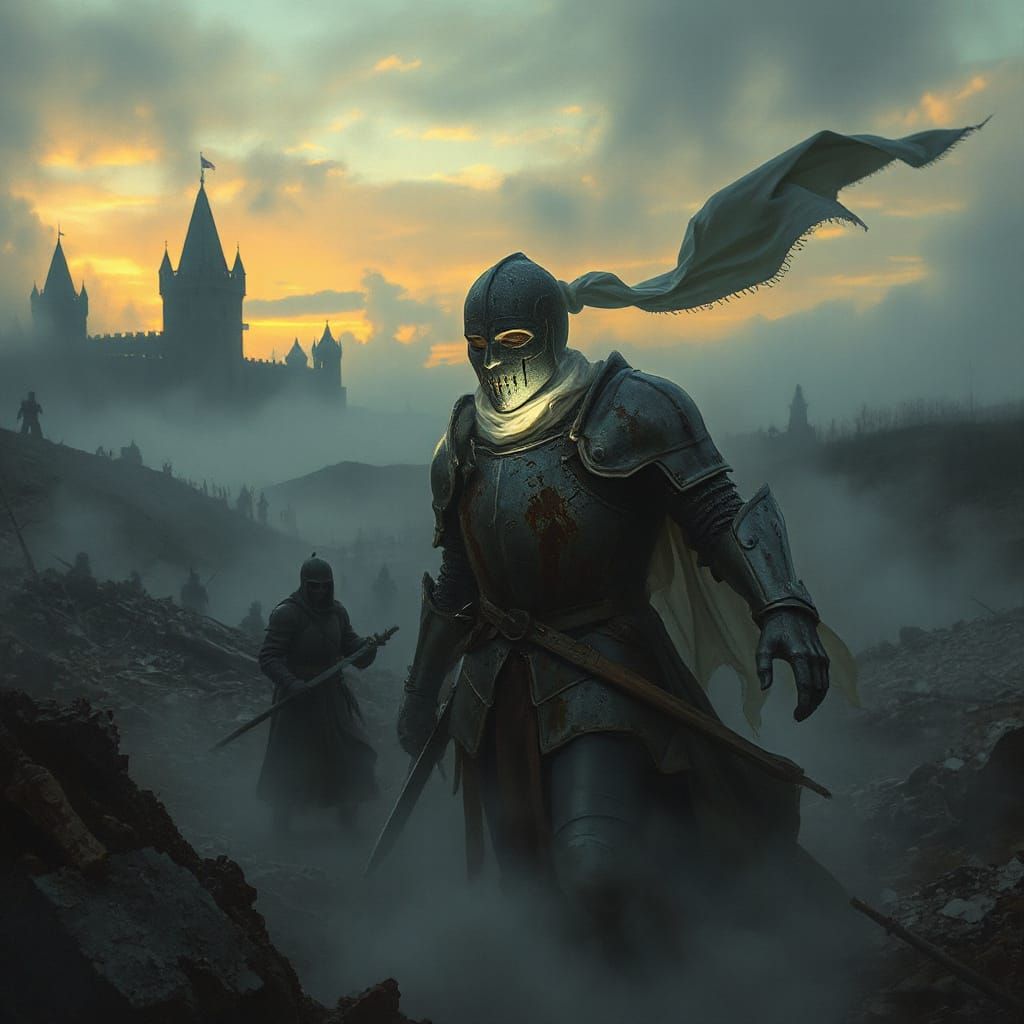 Ethereal Knight in Rusted Armor, Lost in War-Torn Battlefiel...