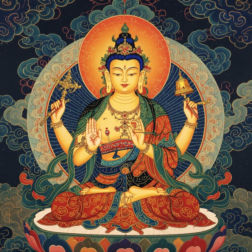 Buddha Holding Vajra and Bell in Cosmic Thangka Style