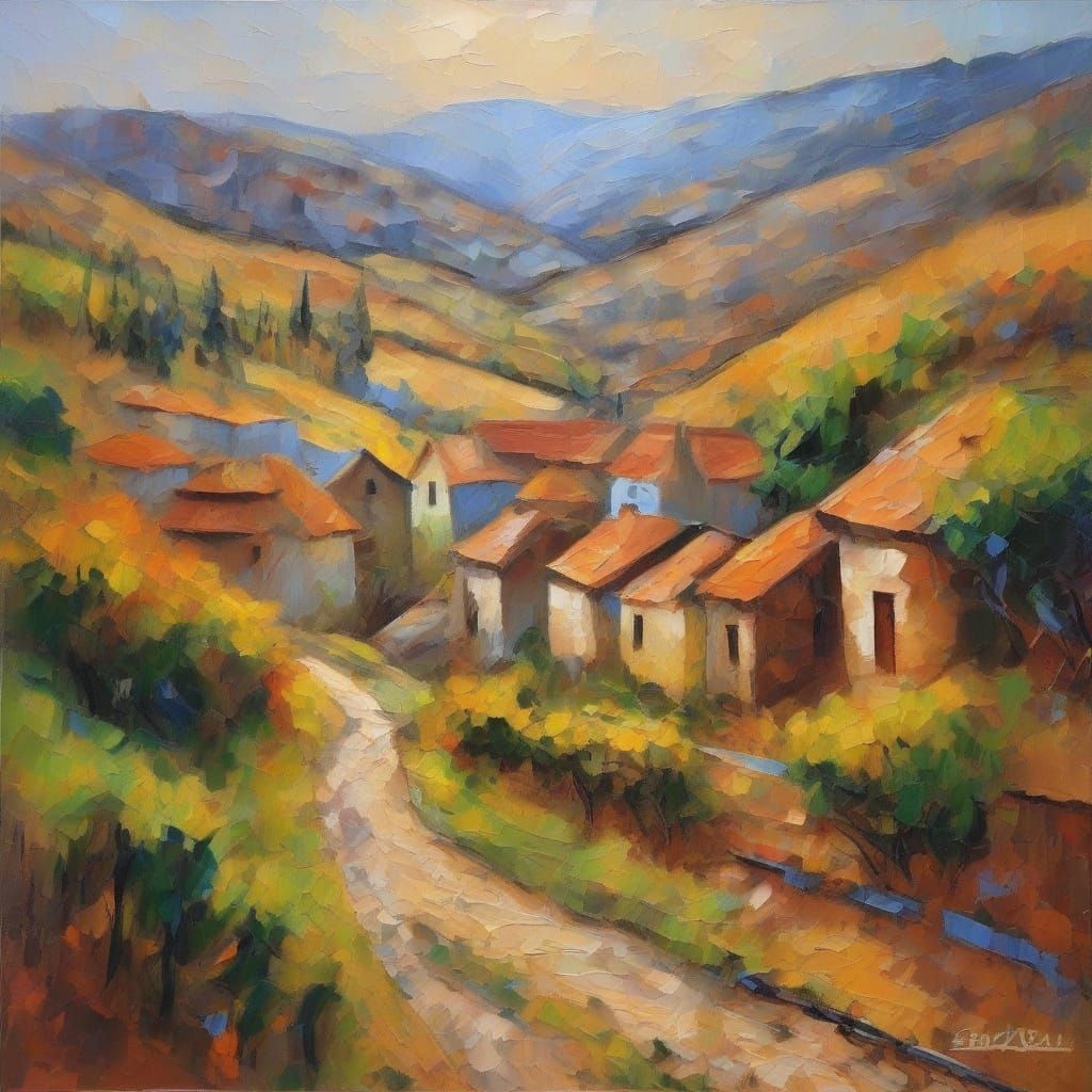 Impressionist Village in Hills with Warm Sunlight