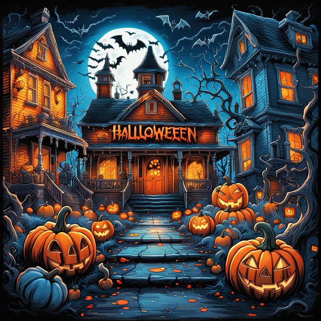 Halloween Town Graffiti Art with Ghosts and Pumpkins
