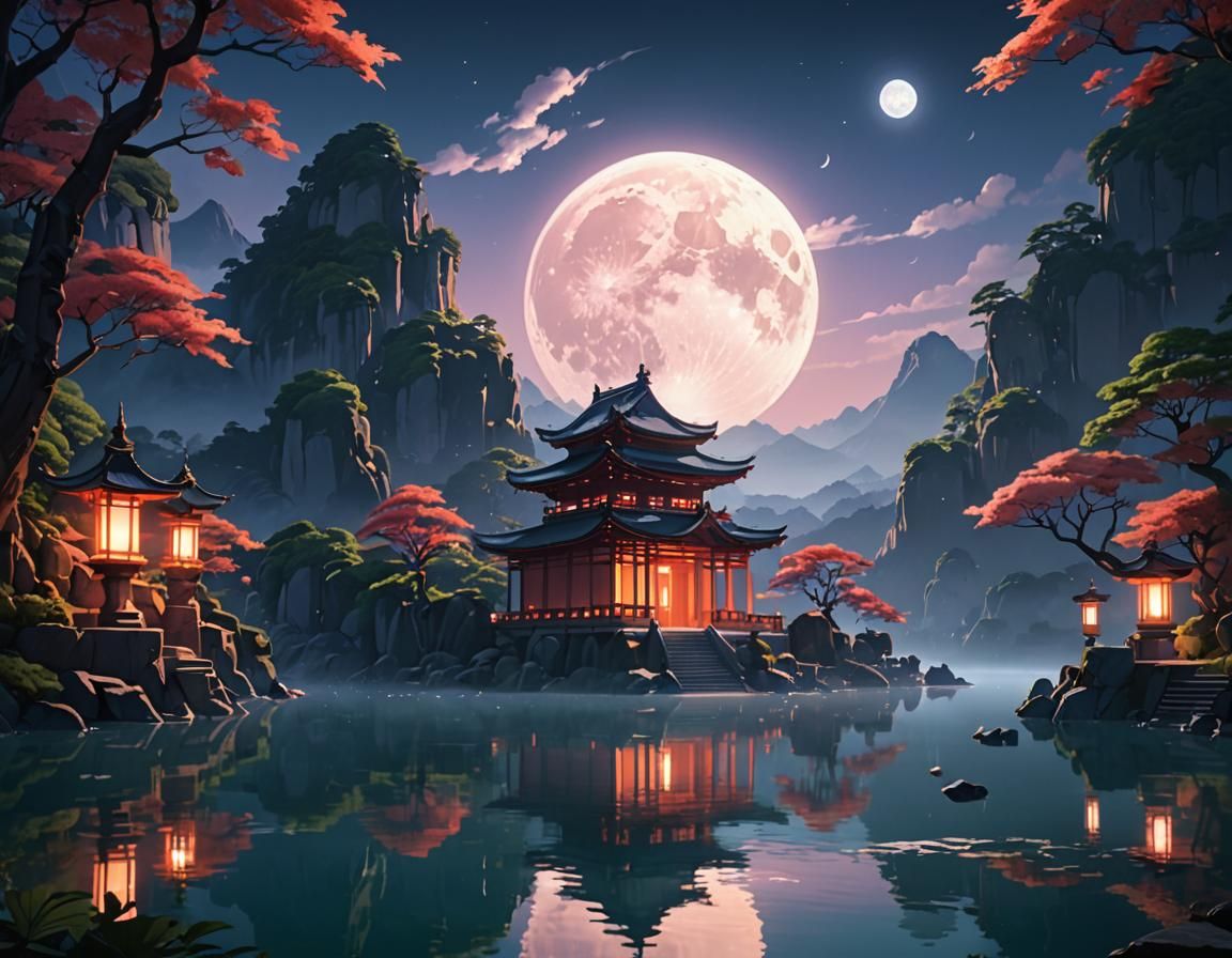 Glowing Moon Temple Concept Art in Anime Style