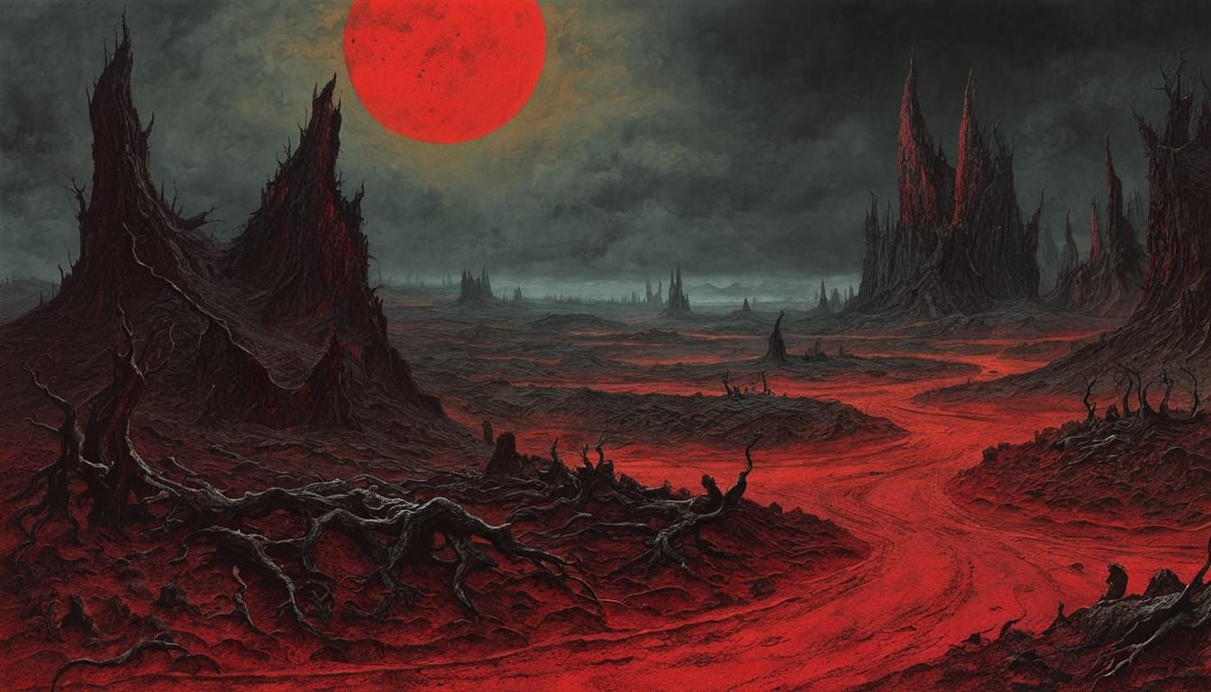 Dark, Ominous Landscape of Hellish Ruin with Lucifer Overloo...