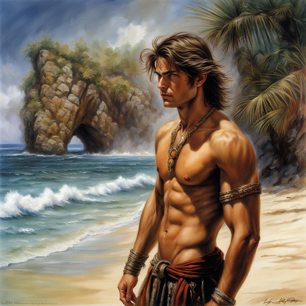 Nude Young Man on Paradise Beach in Hyperrealism