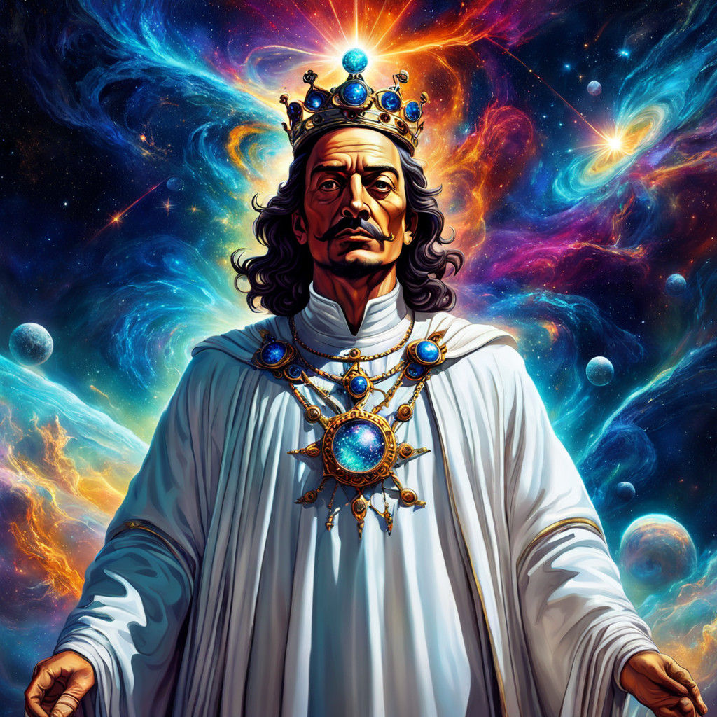 Surreal Cosmic King in Vibrant Holographic Style