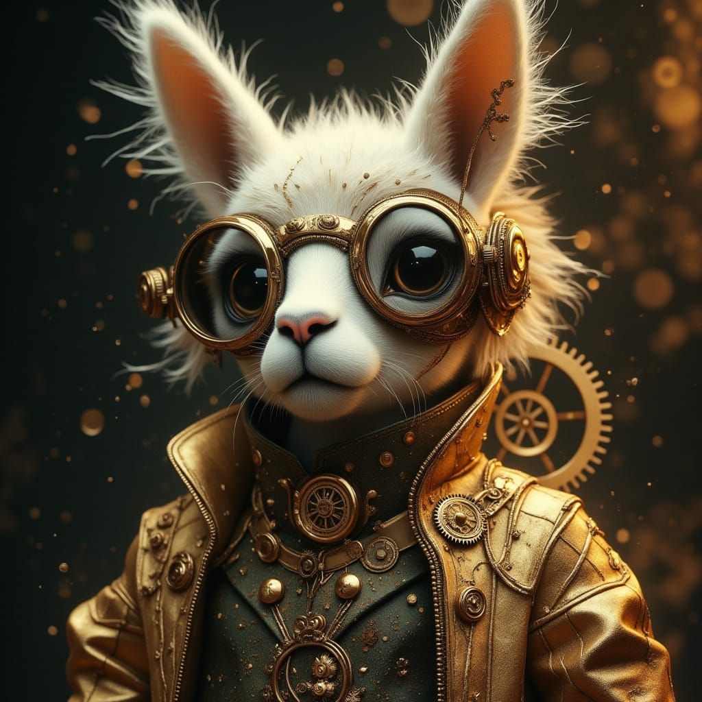 Steampunk Baby Llama Character in Cinematic Film Still