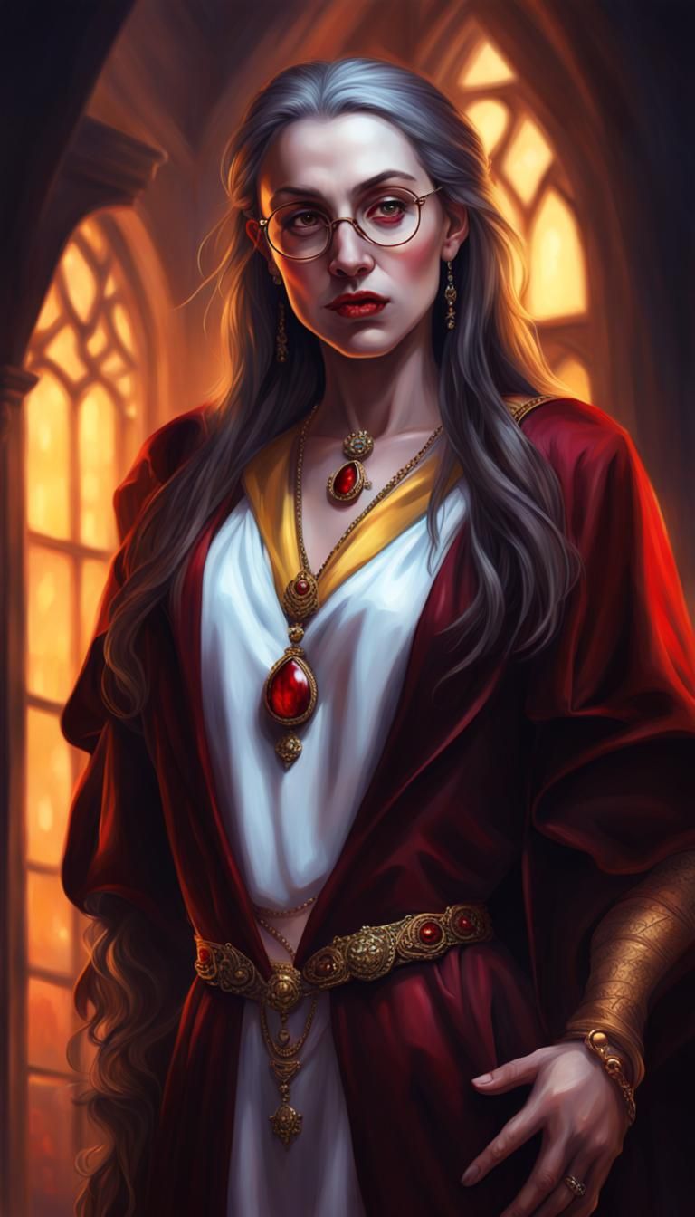 Vampire Librarian in Opulent Medieval Setting