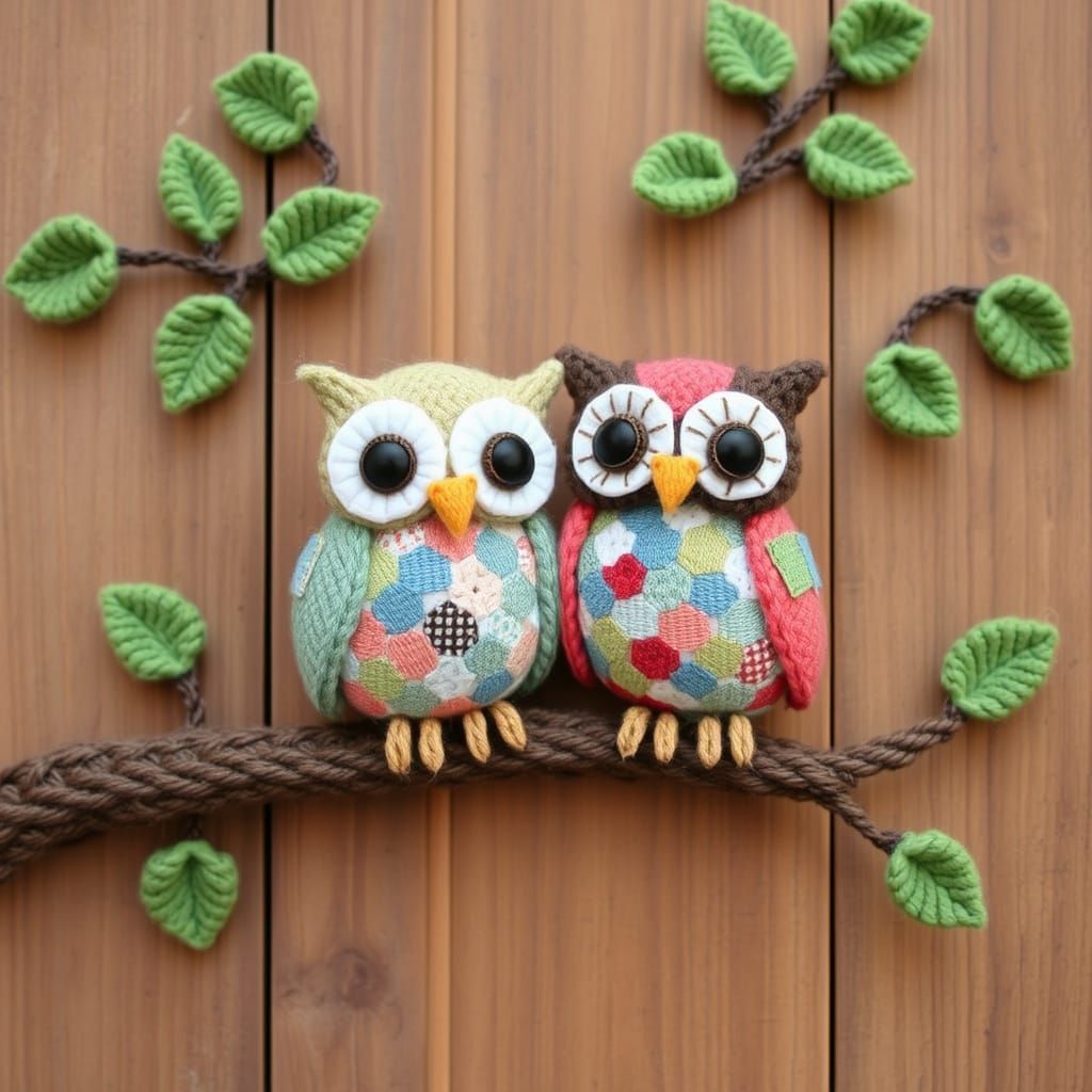 Whimsical Patchwork Owls Perch on Yarn Tree