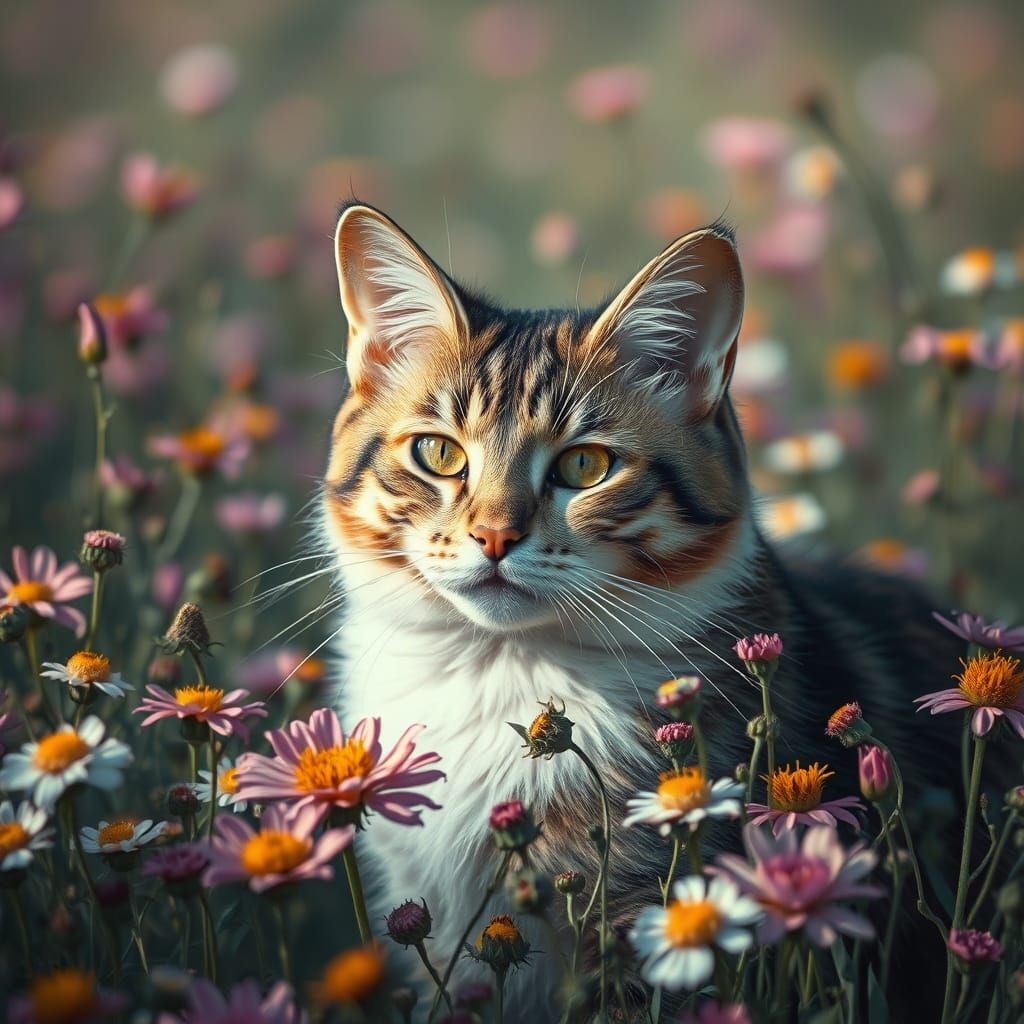 Calico Cat Blends with Chrome Wildflowers