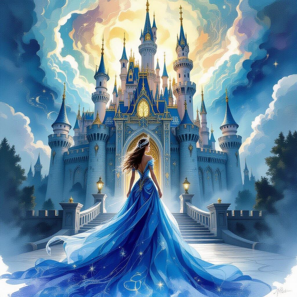 Majestic Queen Before Fantasy Castle in Alcohol Ink Style