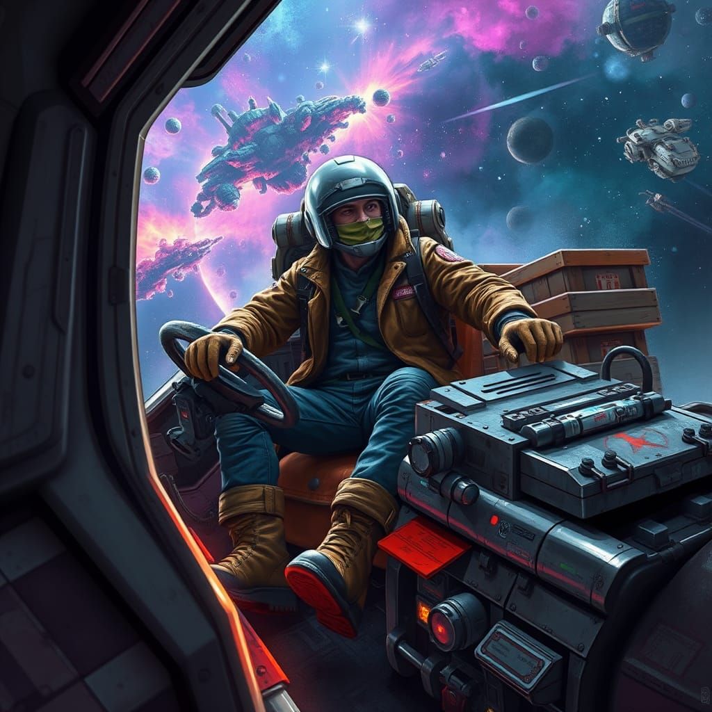 Space Trucker Navigating Nebula in Futuristic Style
