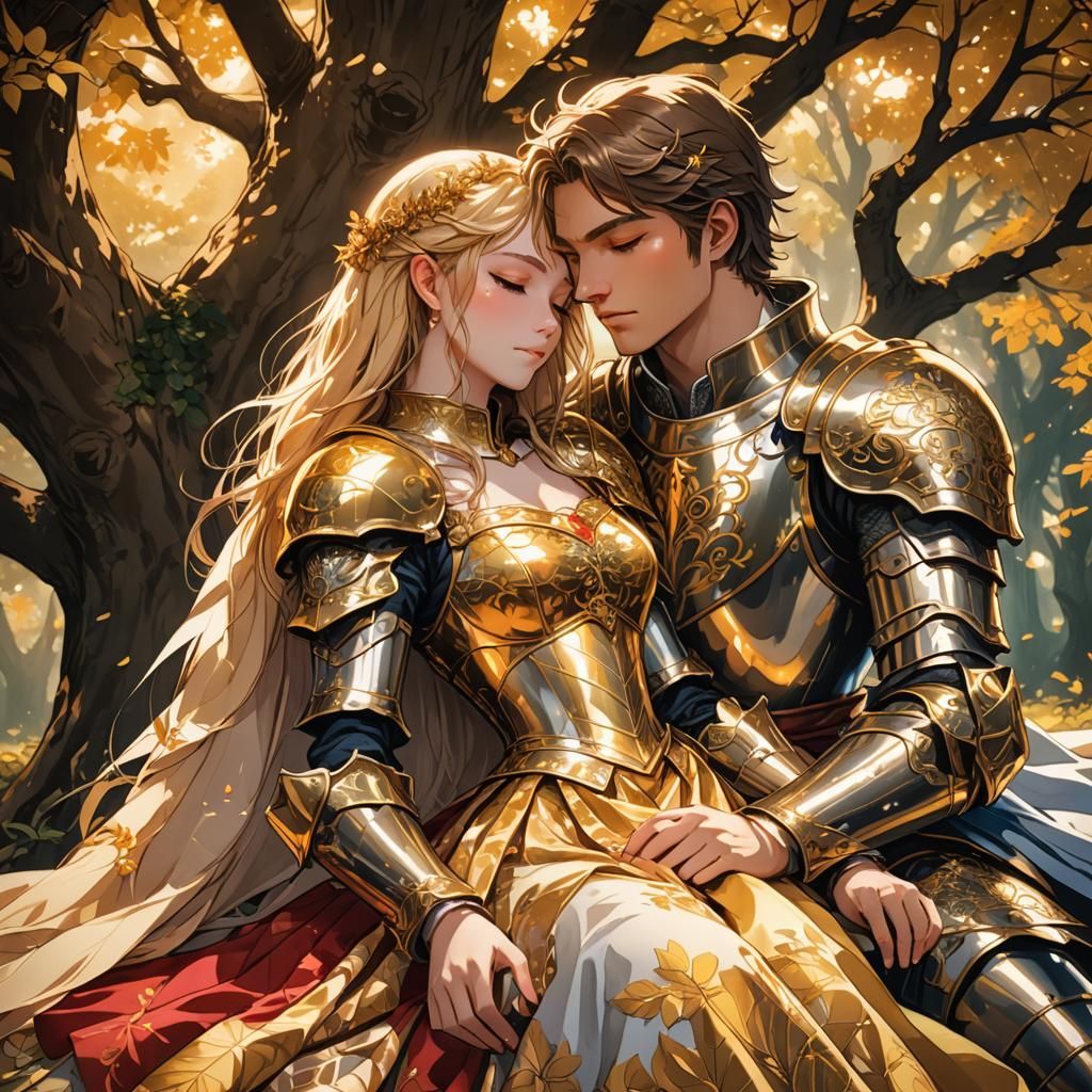 Fantasy Anime Knight Sleeps on Princess's Lap