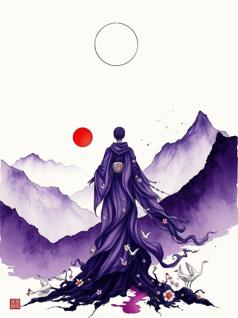 Ethereal Ink Figure Under a Calligraphic Moon