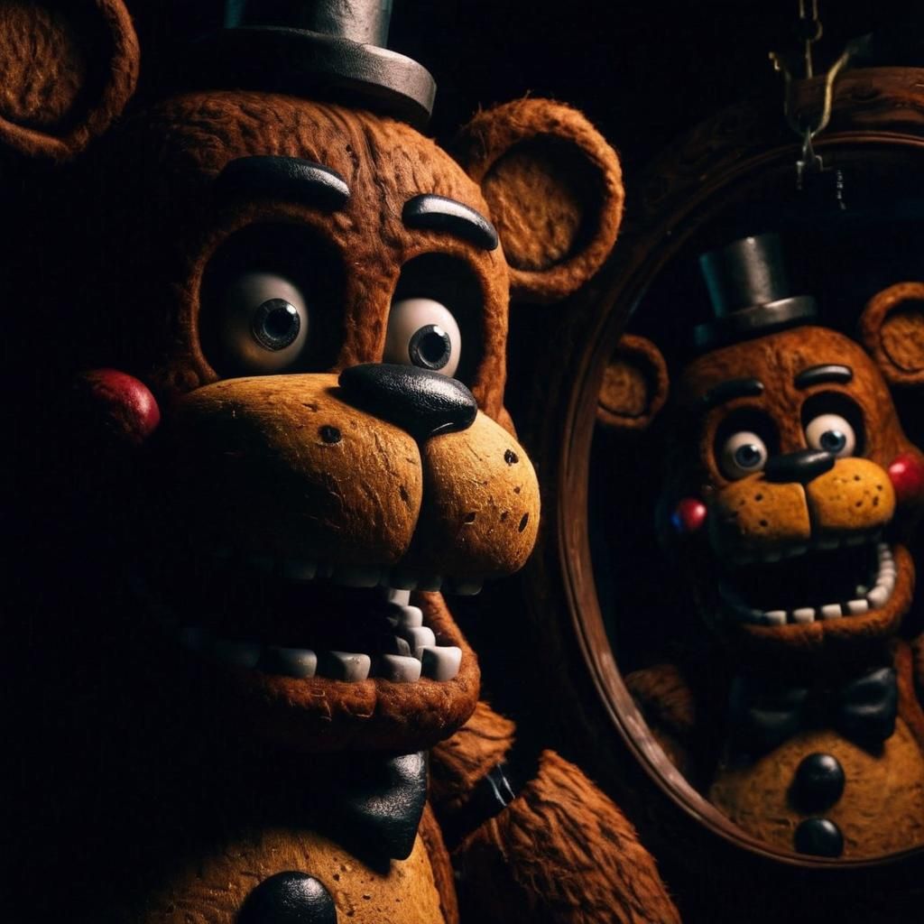 Ominous Freddy Fazbear in Dark Funhouse Mirror