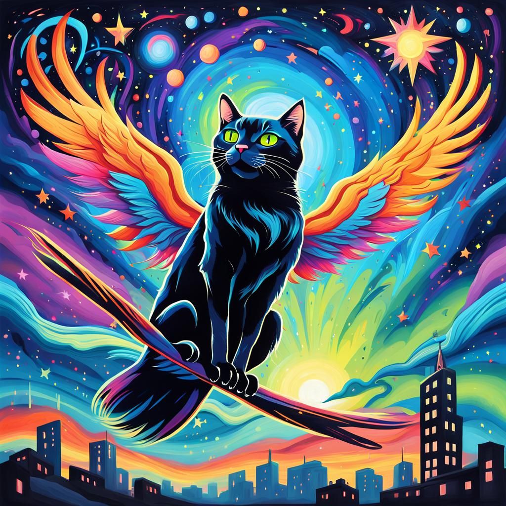 Vibrant Cat and Bird Graffiti Scene against Iridescent Auror...