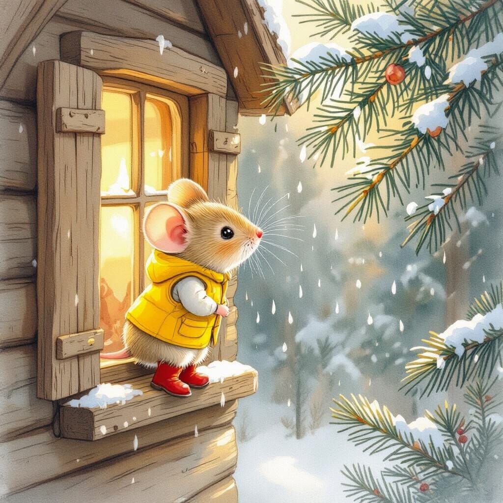 Mouse in Window: Cottagecore Watercolor Illustration