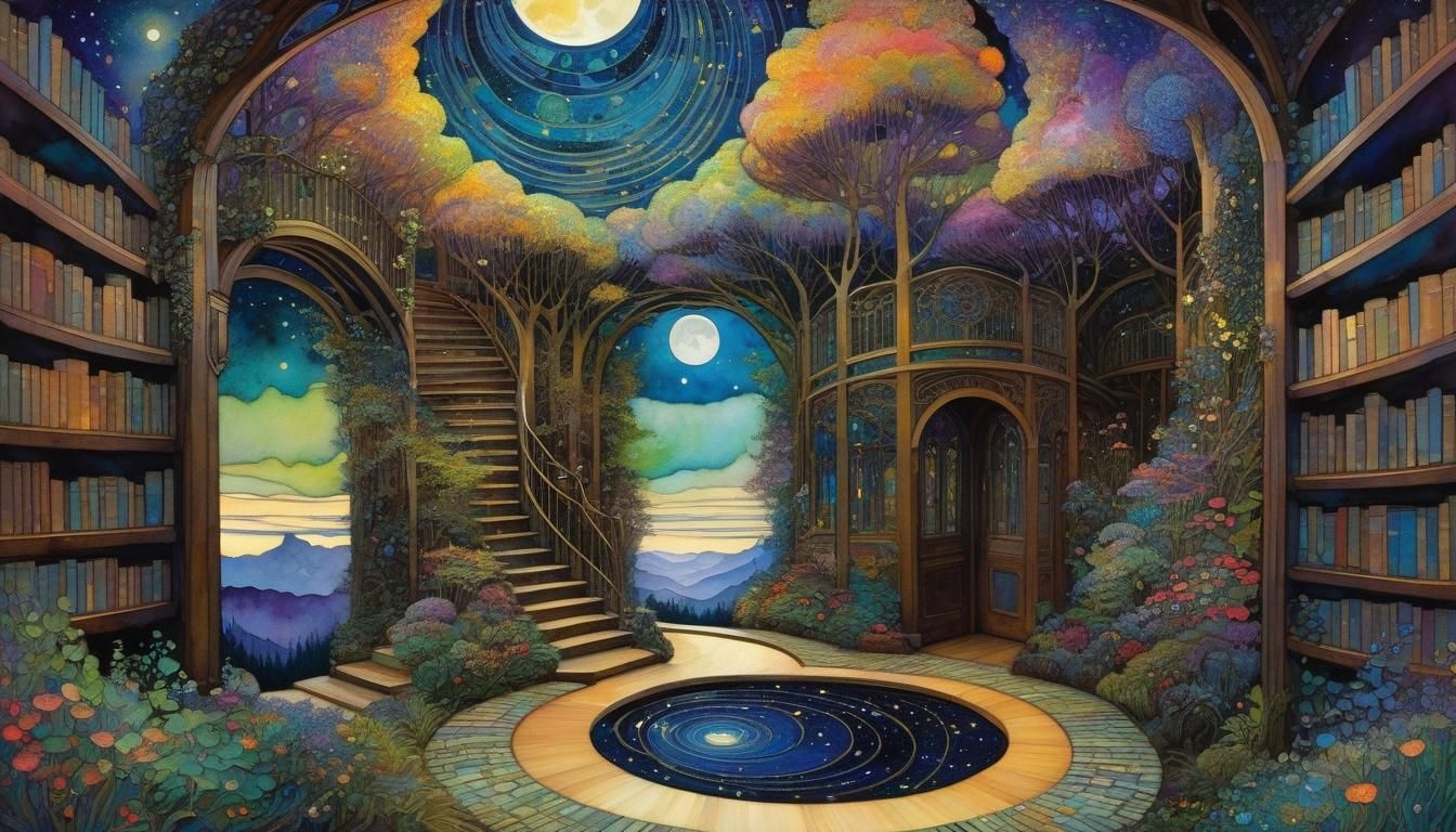 Fantasy Landscape with Swirling Clouds in Art Nouveau Style