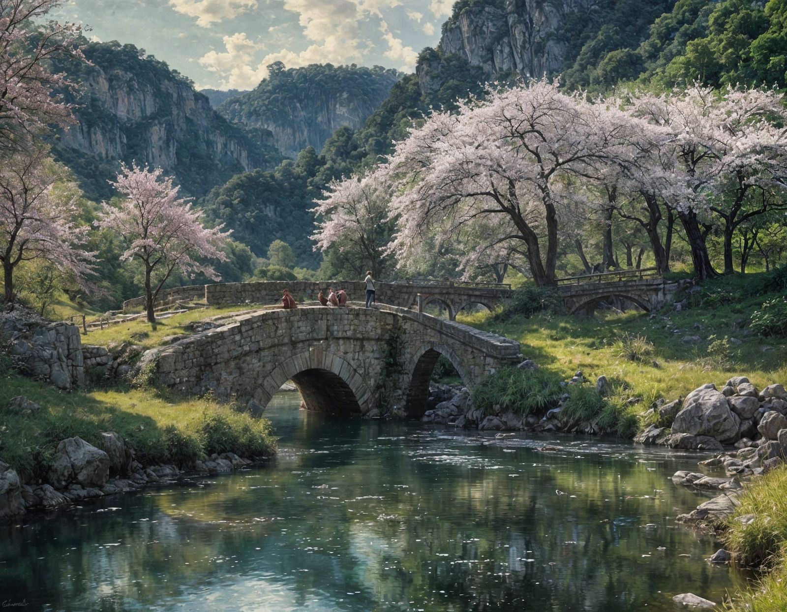 Surreal Cherry Blossom Bridge in Vibrant Colors
