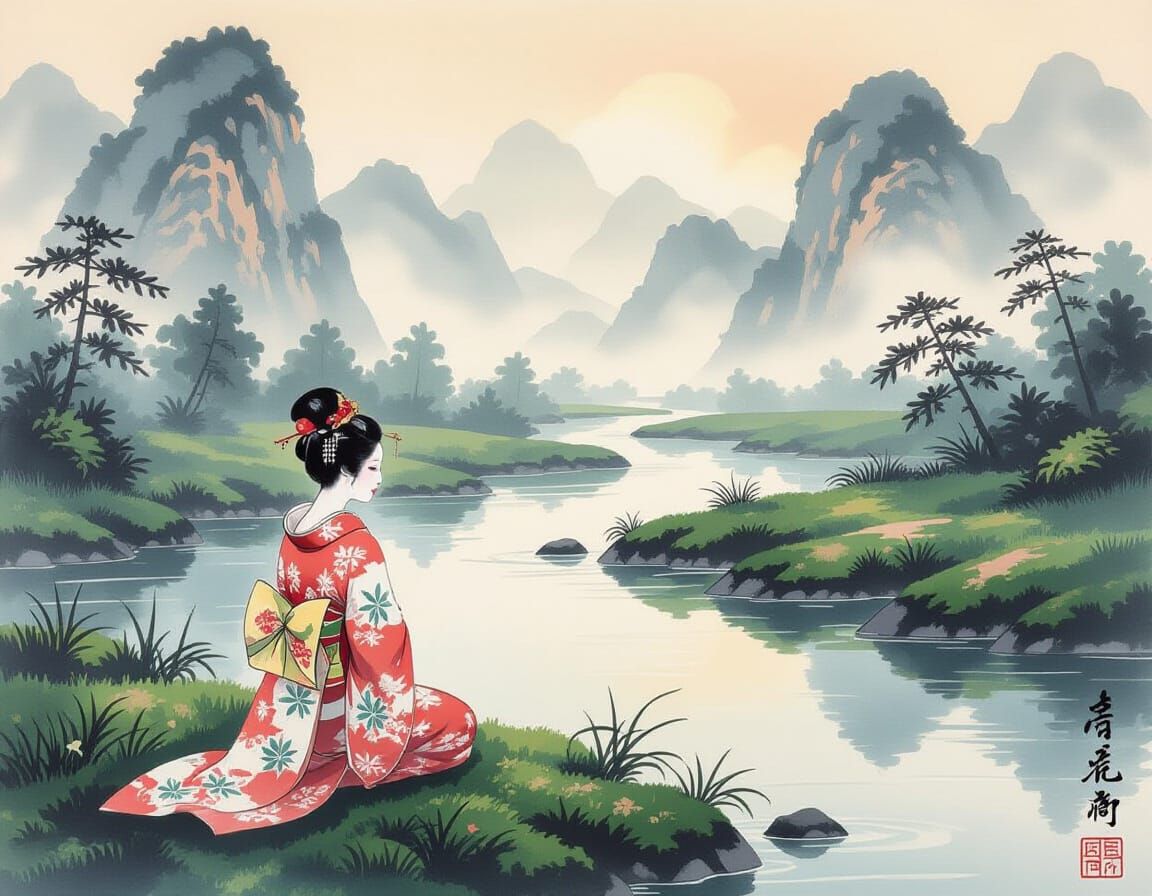 Oiran on Riverbank in Traditional Chinese Ink Wash Style