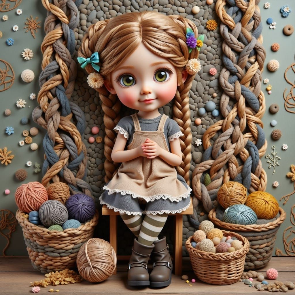 Whimsical Girl Knits with Braids in a Colorful Background
