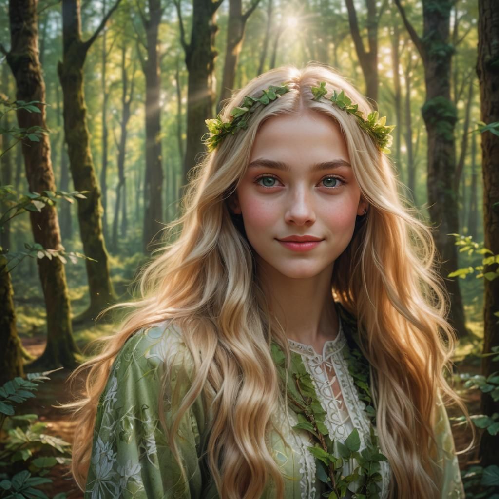 Slavic Blonde Girl in Forest, Vibrant Oil Painting