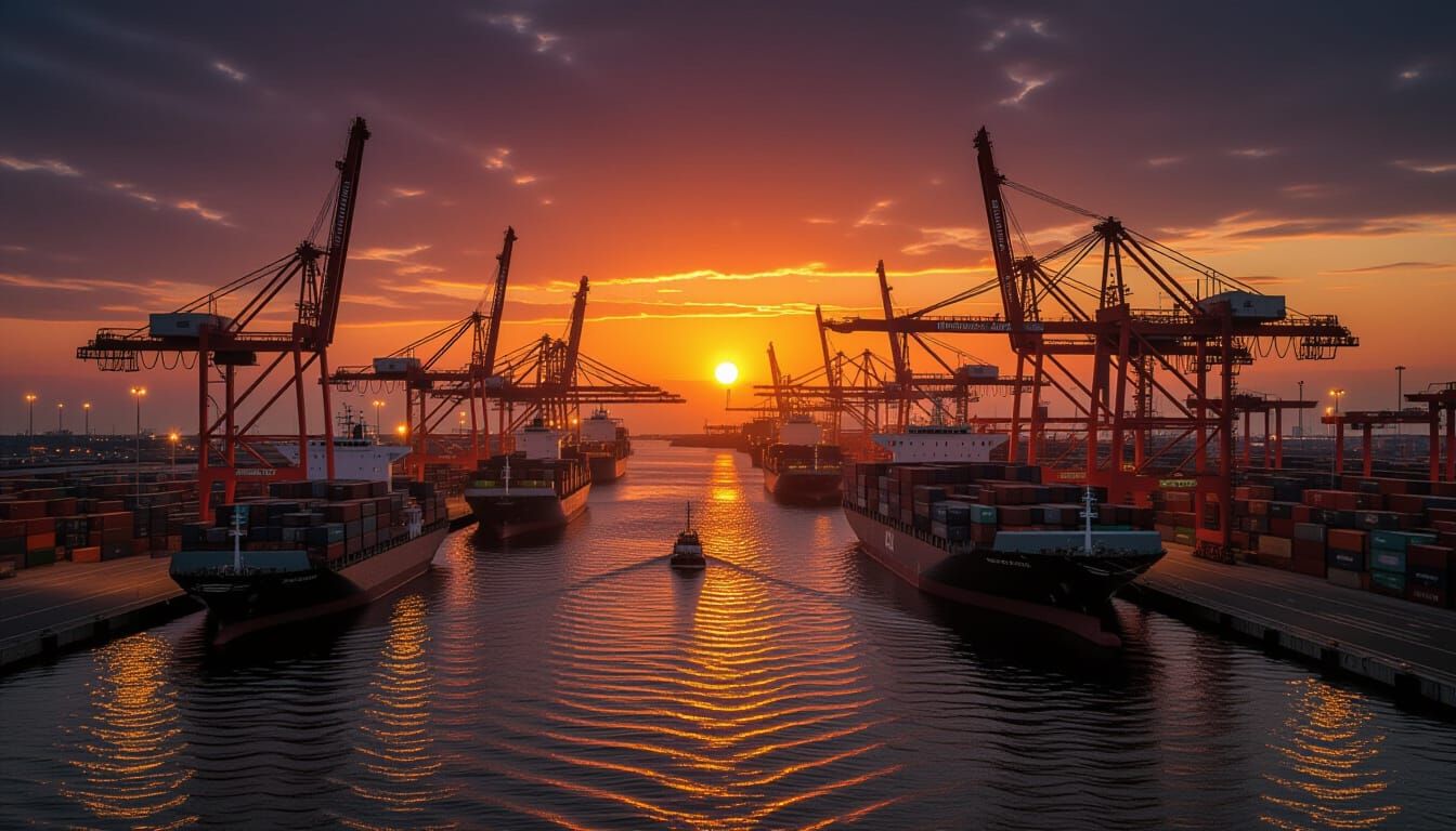 Port Silhouetted at Sunset with Cranes and Ships