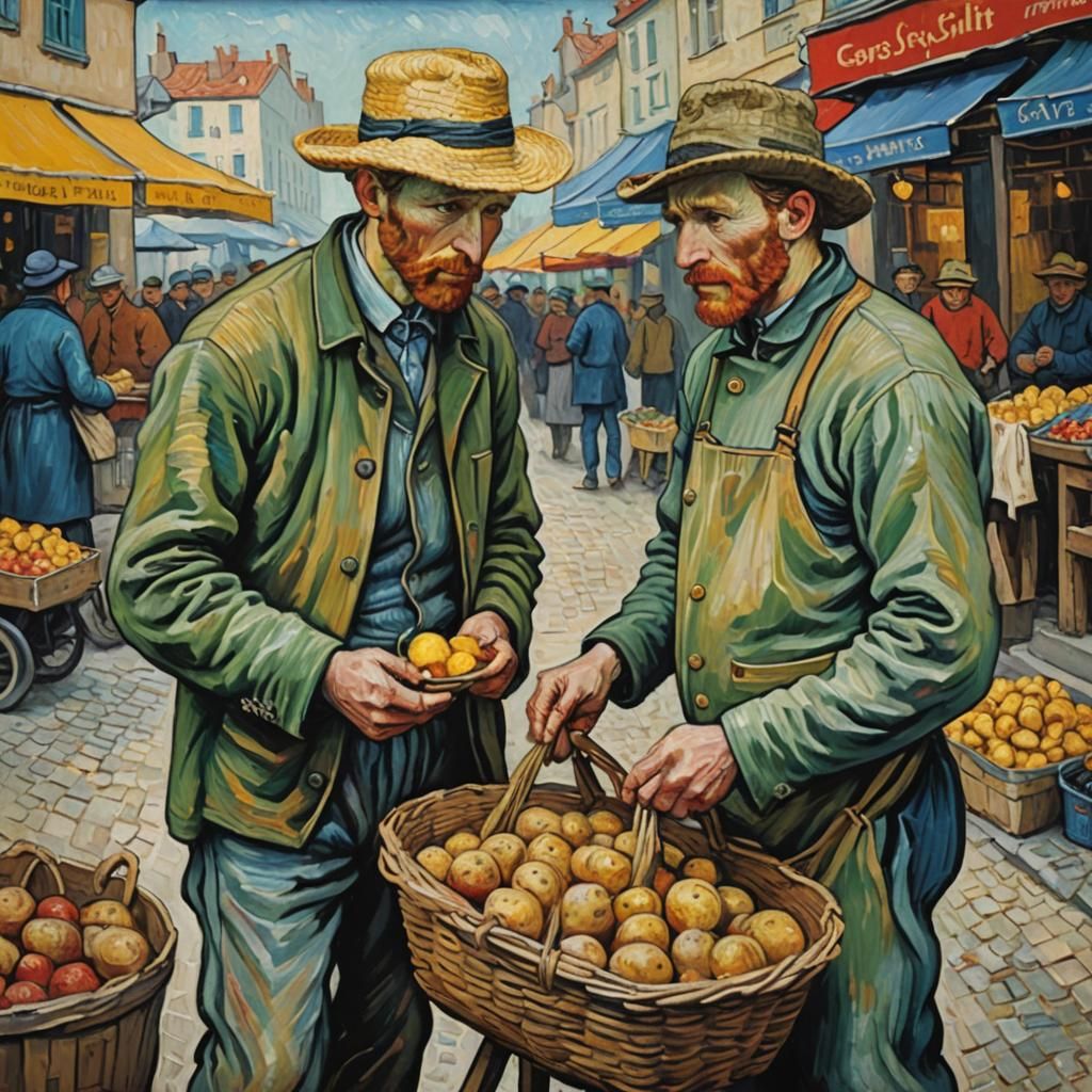 Van Gogh Buys Potatoes: Neo-Impressionist Oil Painting