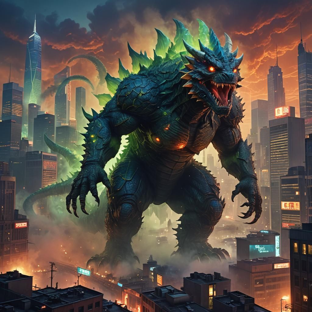 Kaiju Rampage in Mist-Shrouded Cityscape